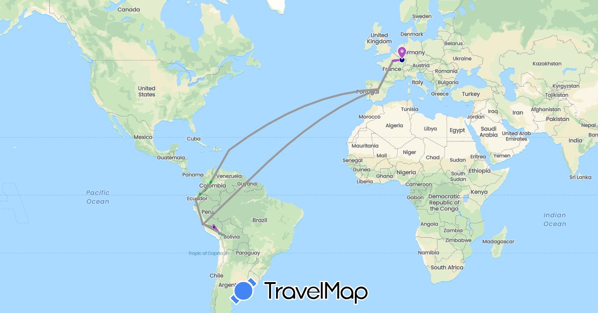 TravelMap itinerary: driving, bus, plane, train, hiking, boat in Bolivia, Colombia, Ecuador, Spain, France, Peru, United States (Europe, North America, South America)